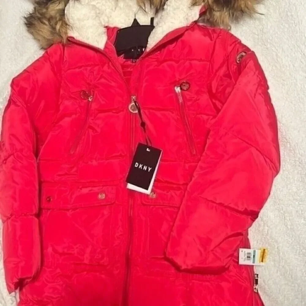 New DKNY Big Girls Long Puffer Jacket Fuschia size 16